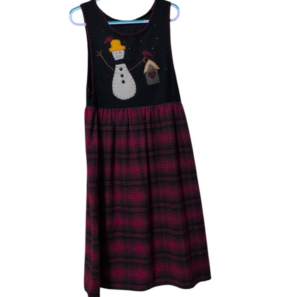 Handmade snowman holiday jumper dress flannel plaid midi mature modest cottage